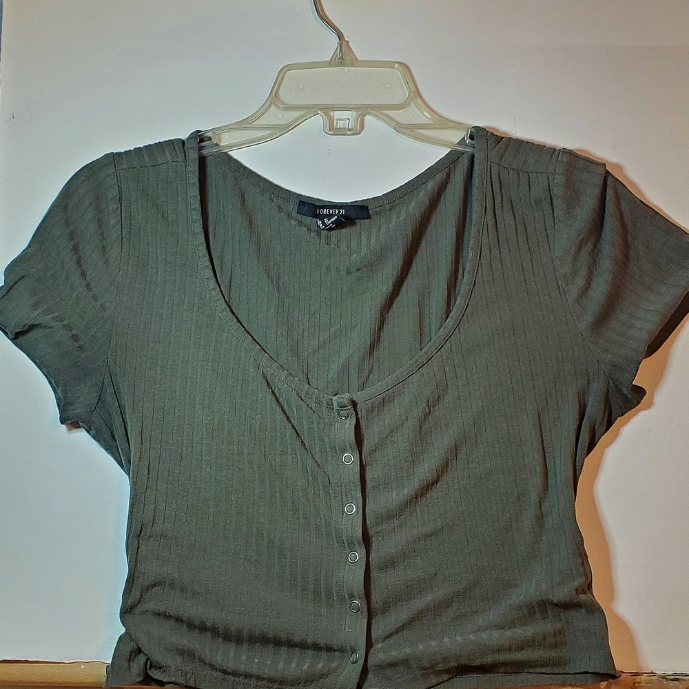 Ribbed Green Button-Up Top